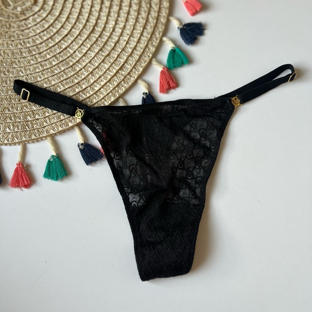 Victoria’s Secret Icon Lace Adjustable Thong Panty Black Medium NEW